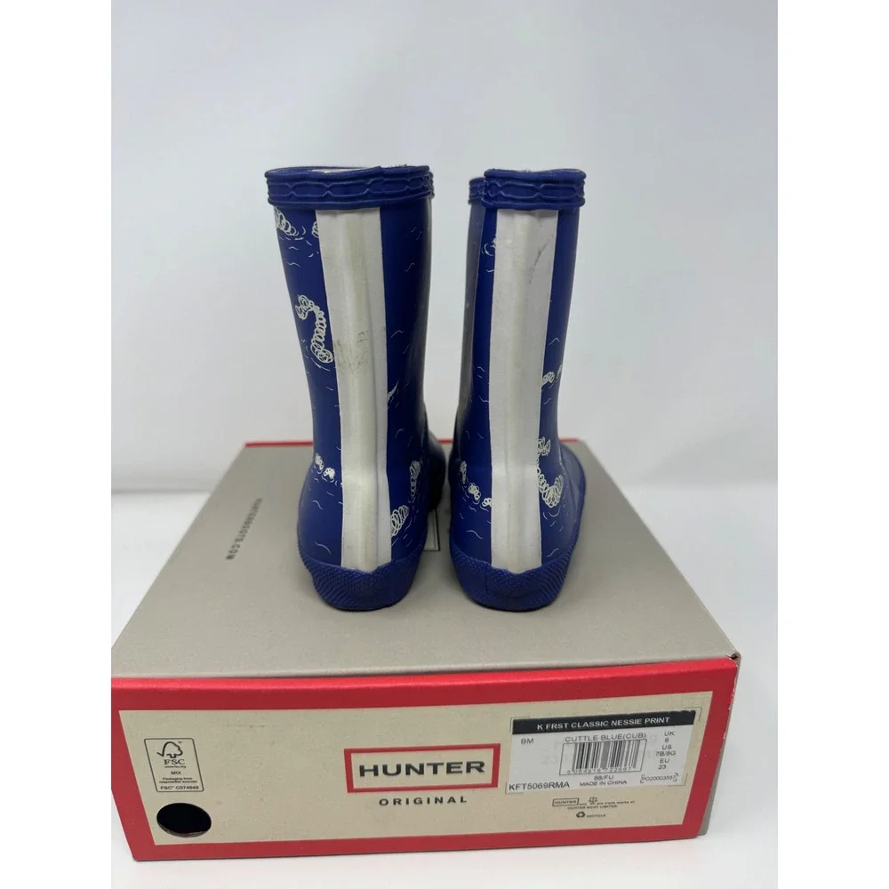 Hunter Kids First Classic Nessie Print Rain Boots Cuttle Blue KFT5069RMA Size 6